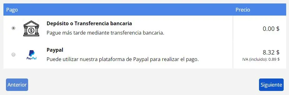 Forma de pago Selecciona la forma de pago